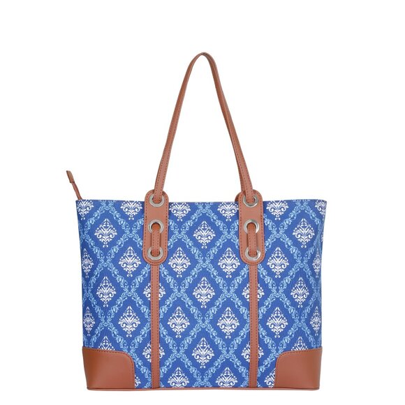 Blue Print Shoulder Tote Bag for Ladies, Hand Crafted Fabric Satchel Handbags - Picture 9 of 10